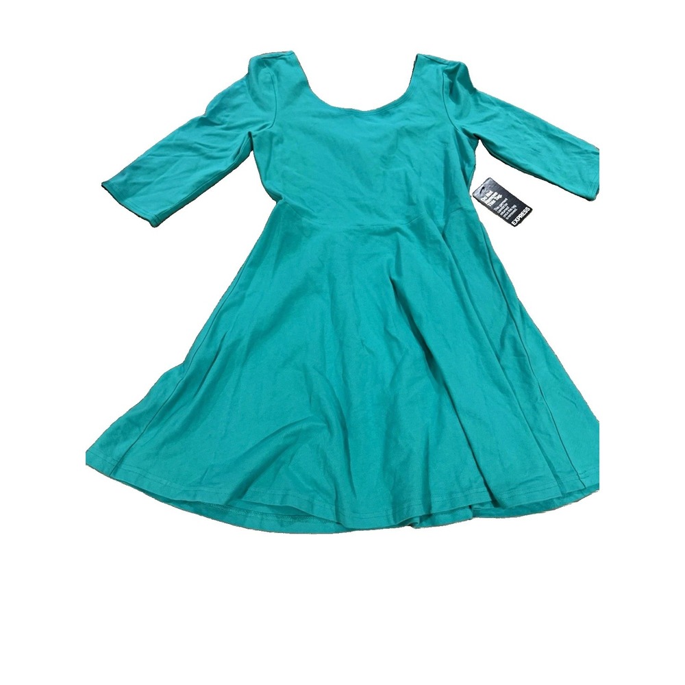 Express Women's Teal Solid Fit & Flare Knit Scoop Neck 3/4 Sleeve Dress S NWT